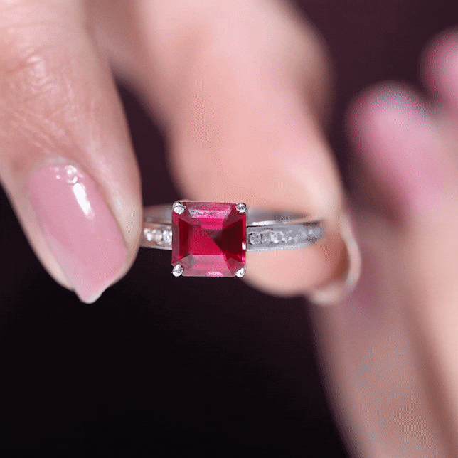 4.8 Carat Asscher Cut Lab Ruby Solitaire Engagement Ring with Diamond Side Stones