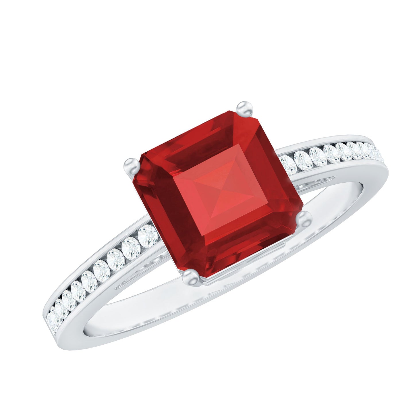 4.8 Carat Asscher Cut Lab Ruby Solitaire Engagement Ring with Diamond Side Stones