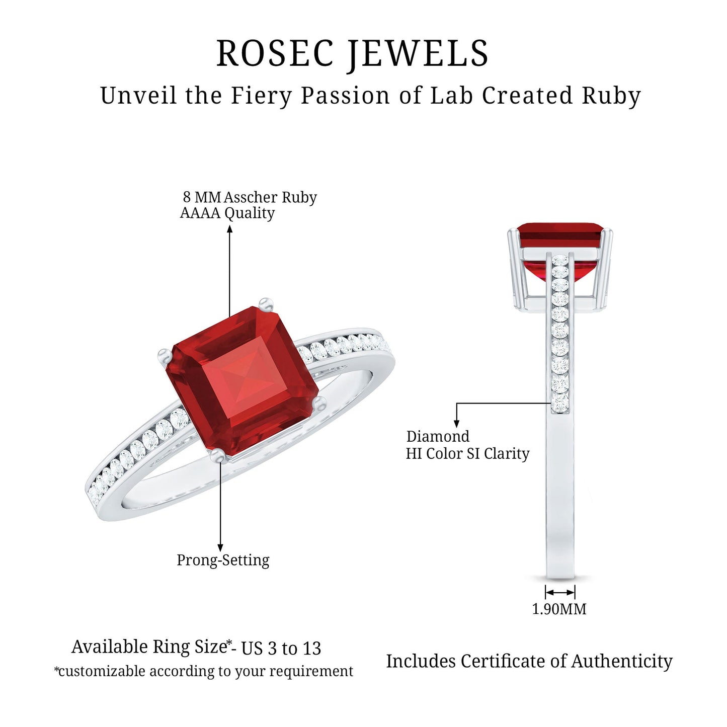 4.8 Carat Asscher Cut Lab Ruby Solitaire Engagement Ring with Diamond Side Stones