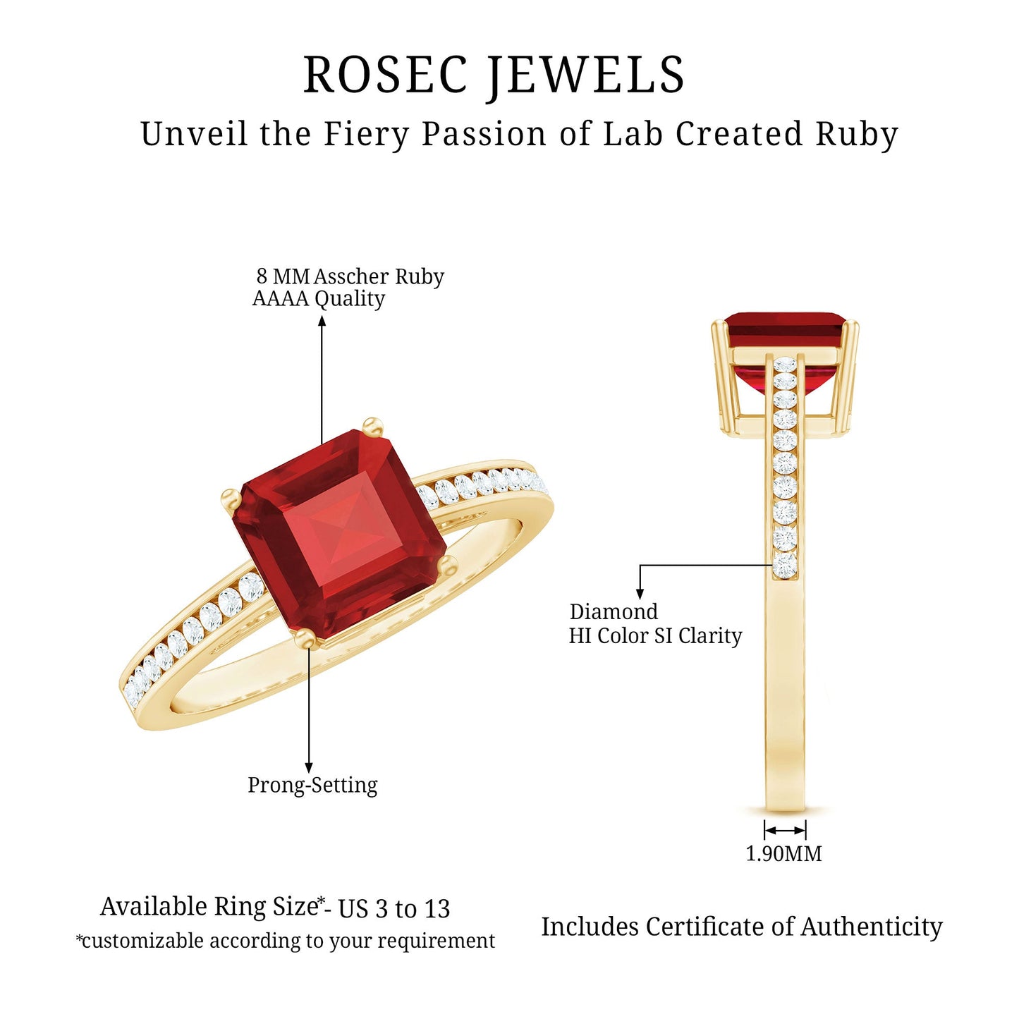 4.8 Carat Asscher Cut Lab Ruby Solitaire Engagement Ring with Diamond Side Stones