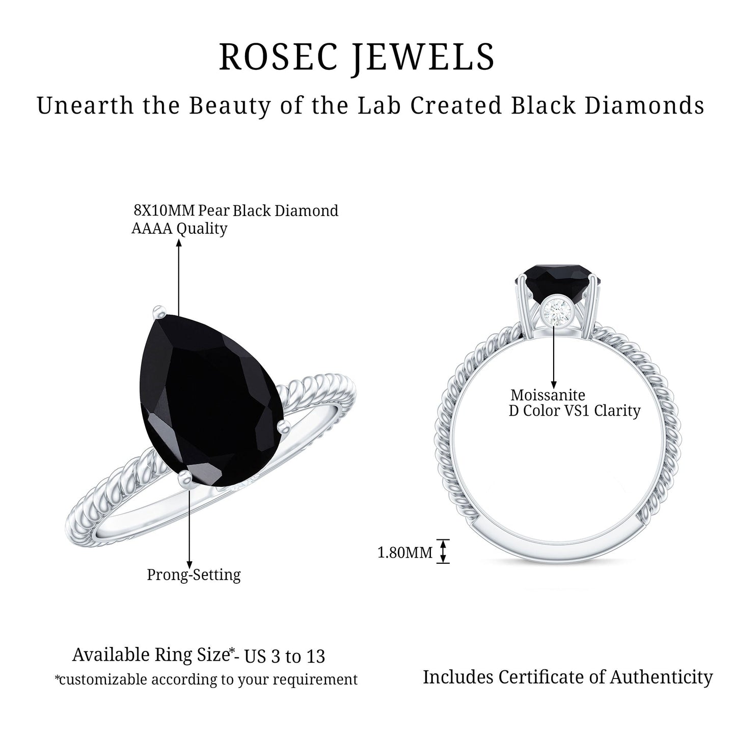 4.8 Carat Lab Grown Black Diamond Pear Shaped Engagement Ring With Surprise White Diamond