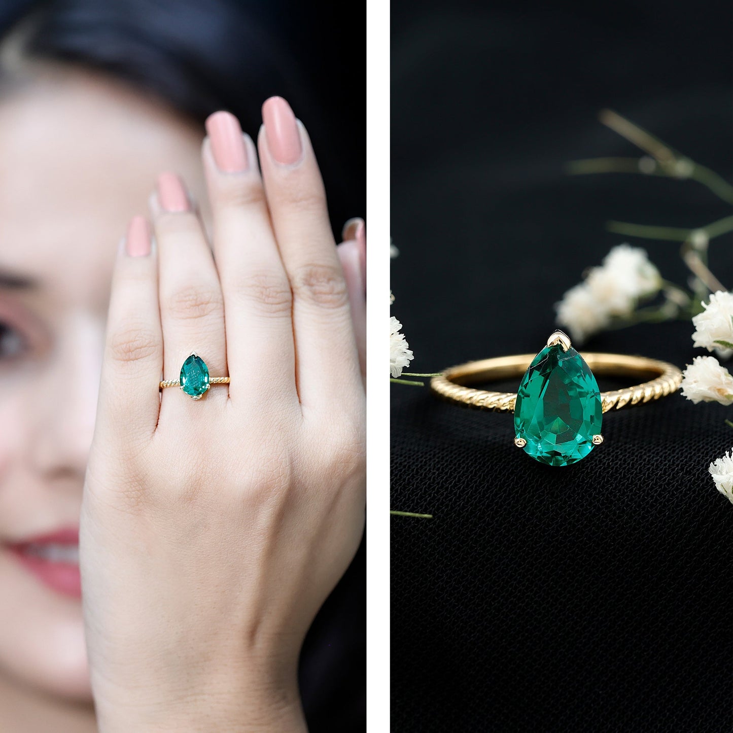 2 Carat Lab Created Emerald Pear Shape Engagement Ring with Surprise Diamond