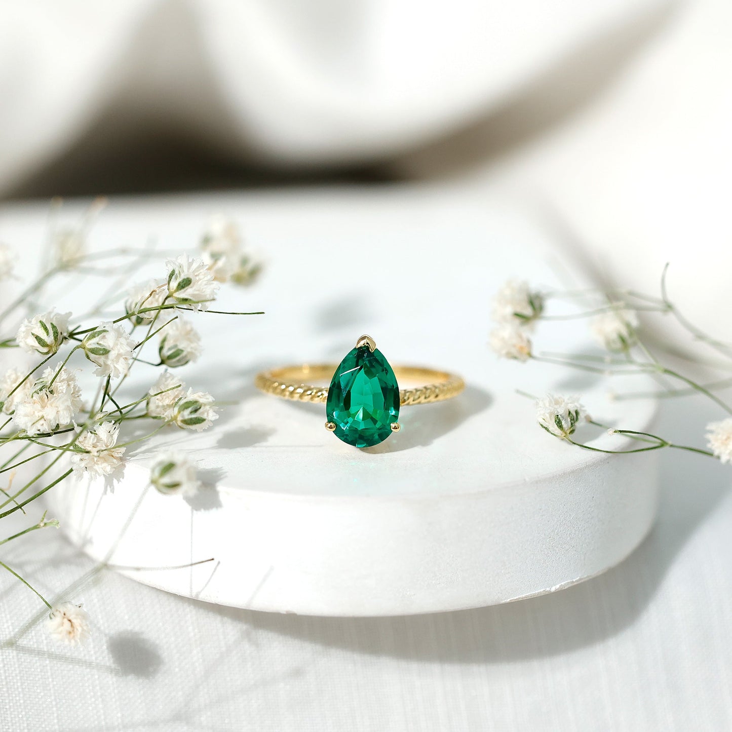 2 Carat Lab Created Emerald Pear Shape Engagement Ring with Surprise Diamond