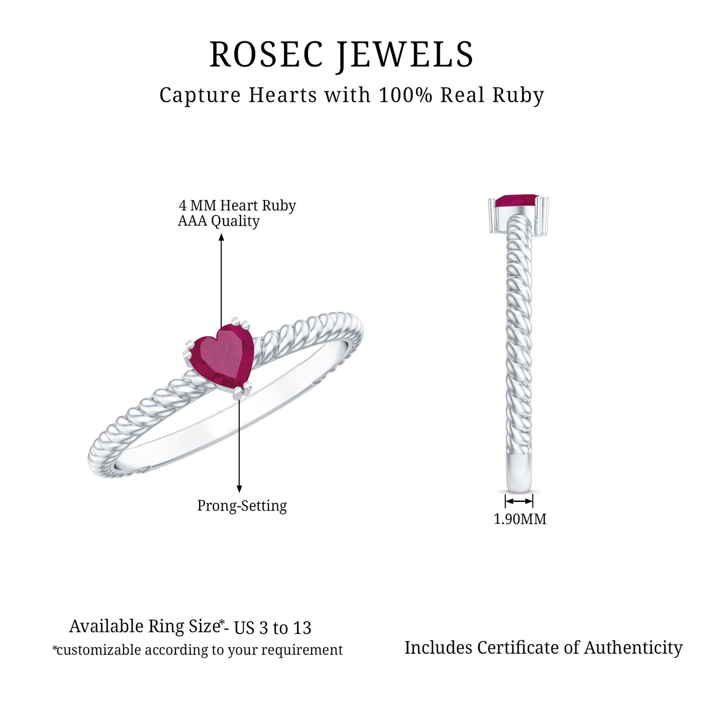 Real Half Carat Ruby Heart Promise Ring with Twisted Rope