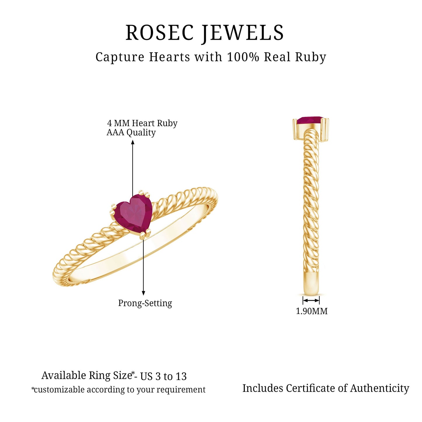 Real Half Carat Ruby Heart Promise Ring with Twisted Rope