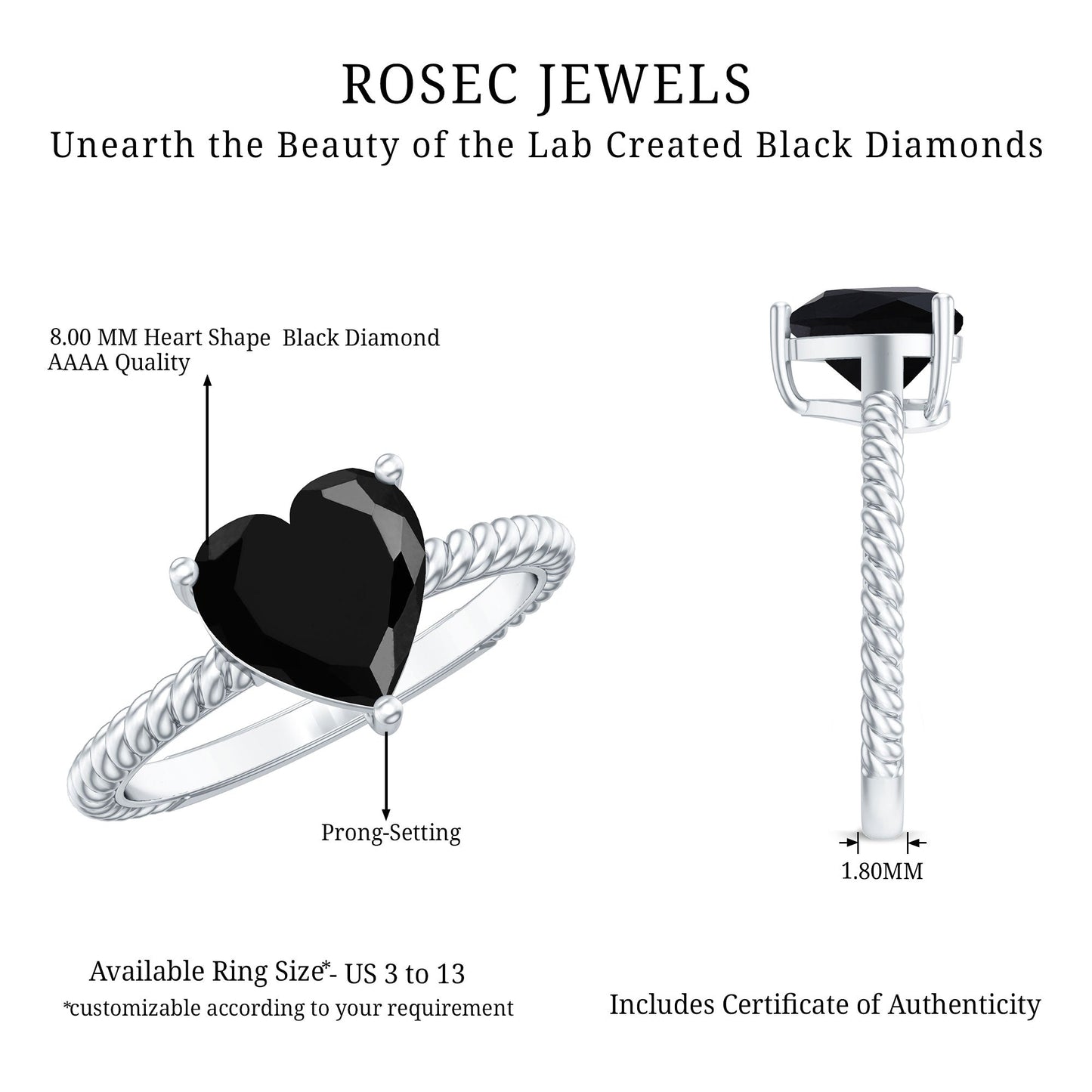 2.4 Carat Lab Grown Black Diamond Heart Engagement Ring for Women