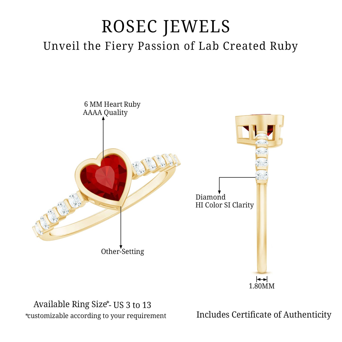0.9 Carat Heart Shape Created Ruby Engagement Ring with Diamond