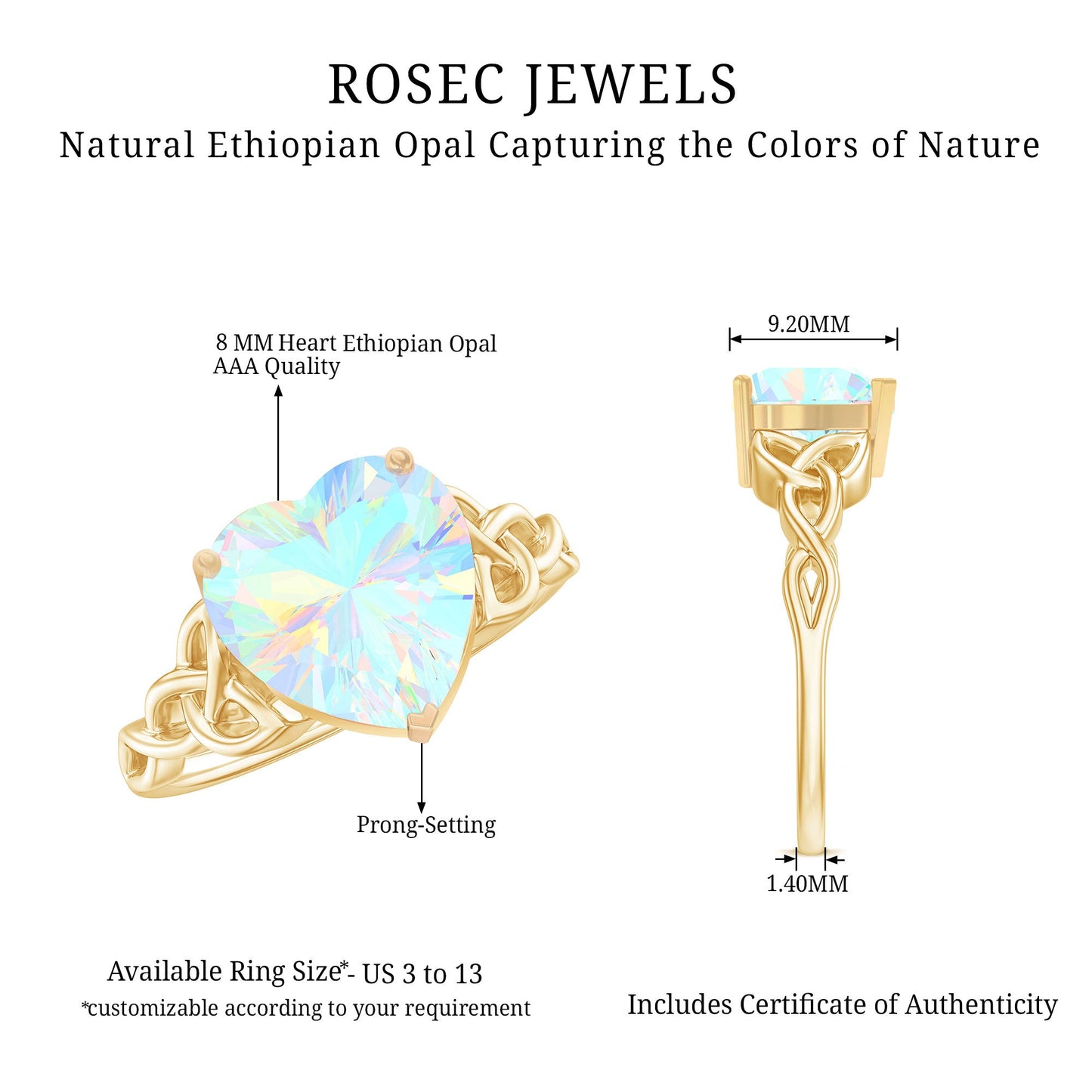 Certified 2 Carat Ethiopian Opal Heart Engagement Ring with Celtic Knot