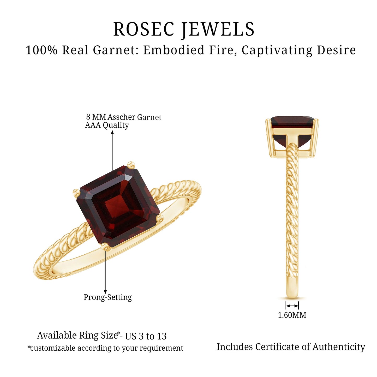 3.3 Carat Natural Garnet Asscher Cut Engagement Ring with Twisted Rope