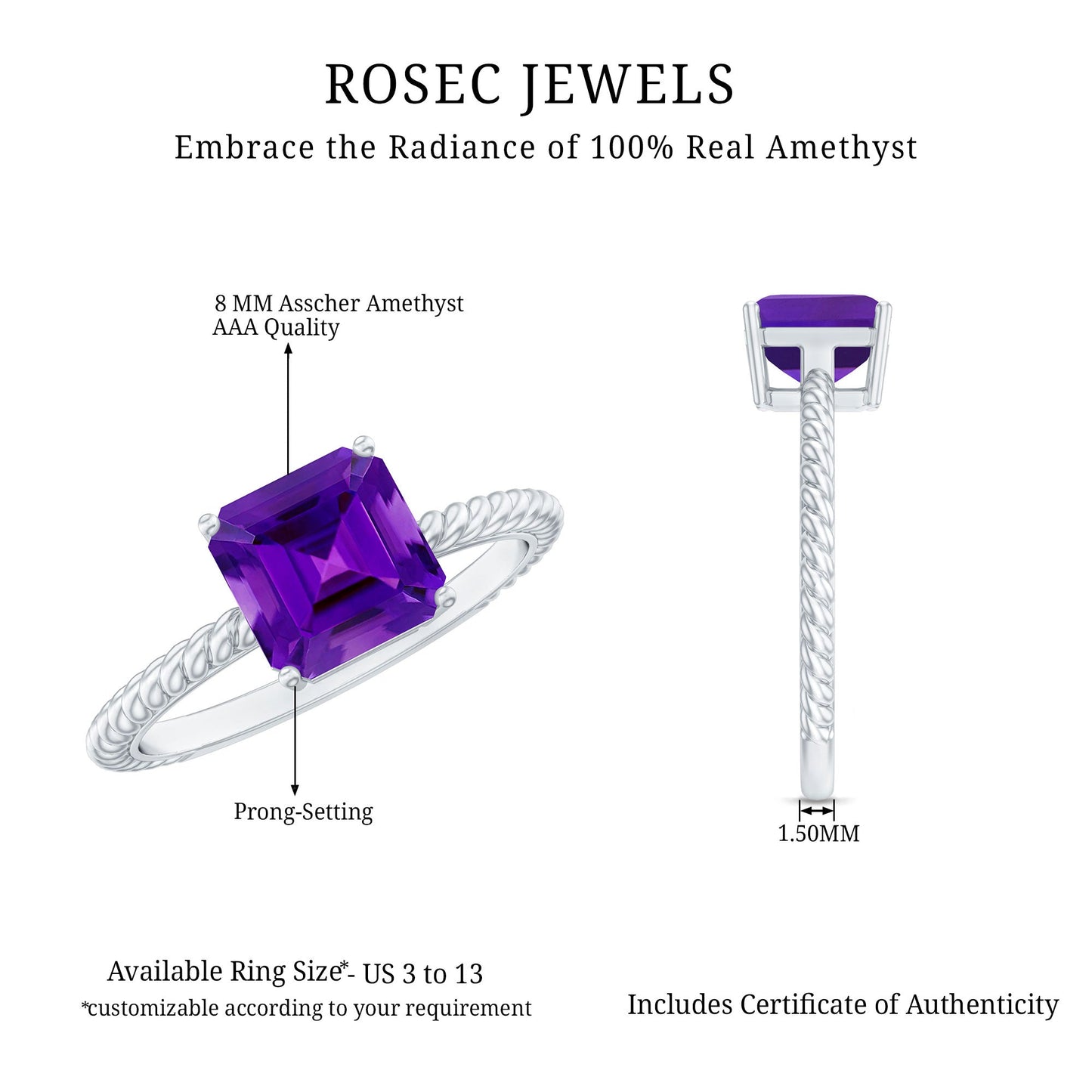 3 Carat Asscher Cut Amethyst Engagement Ring with Twisted Rope