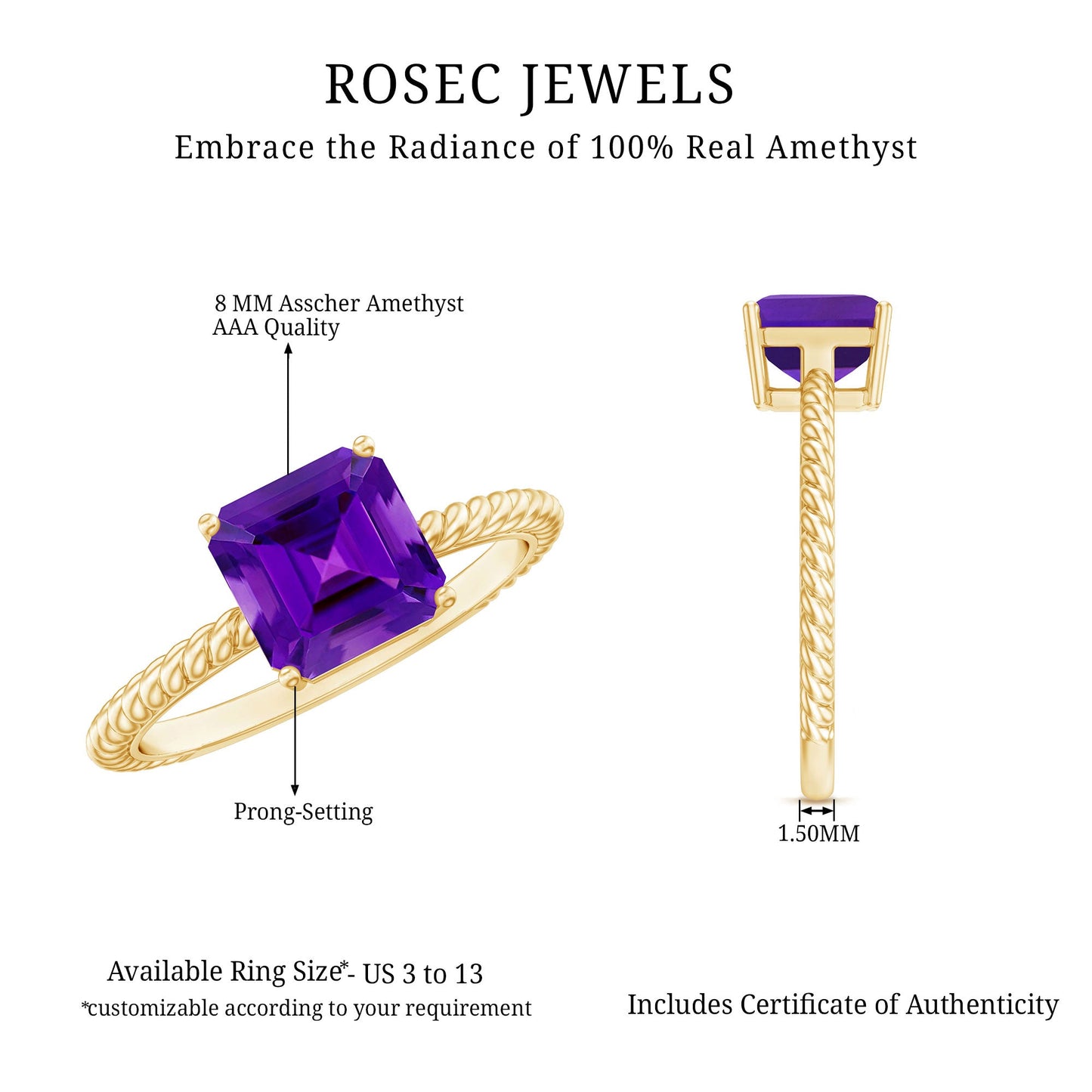 3 Carat Asscher Cut Amethyst Engagement Ring with Twisted Rope