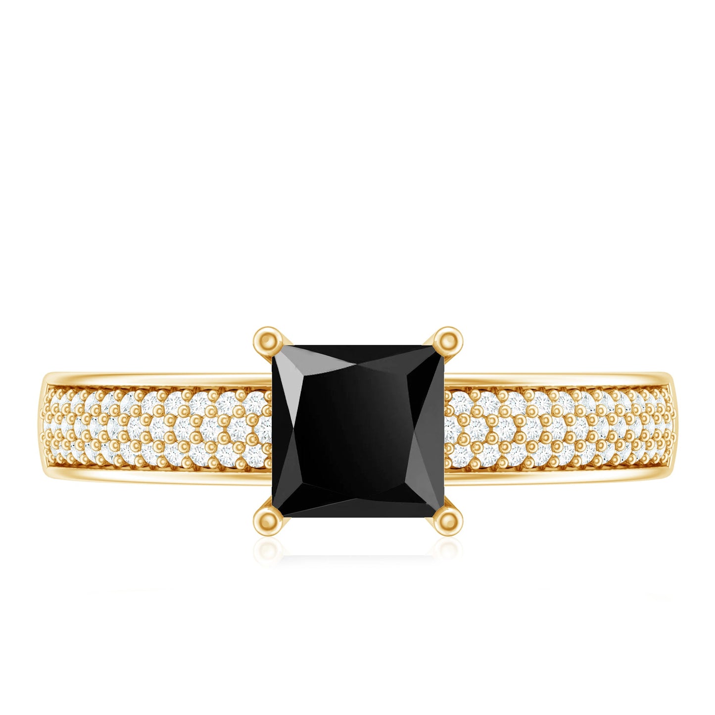 Princess Cut Black Spinel Engagement Ring with Diamond Side Stones