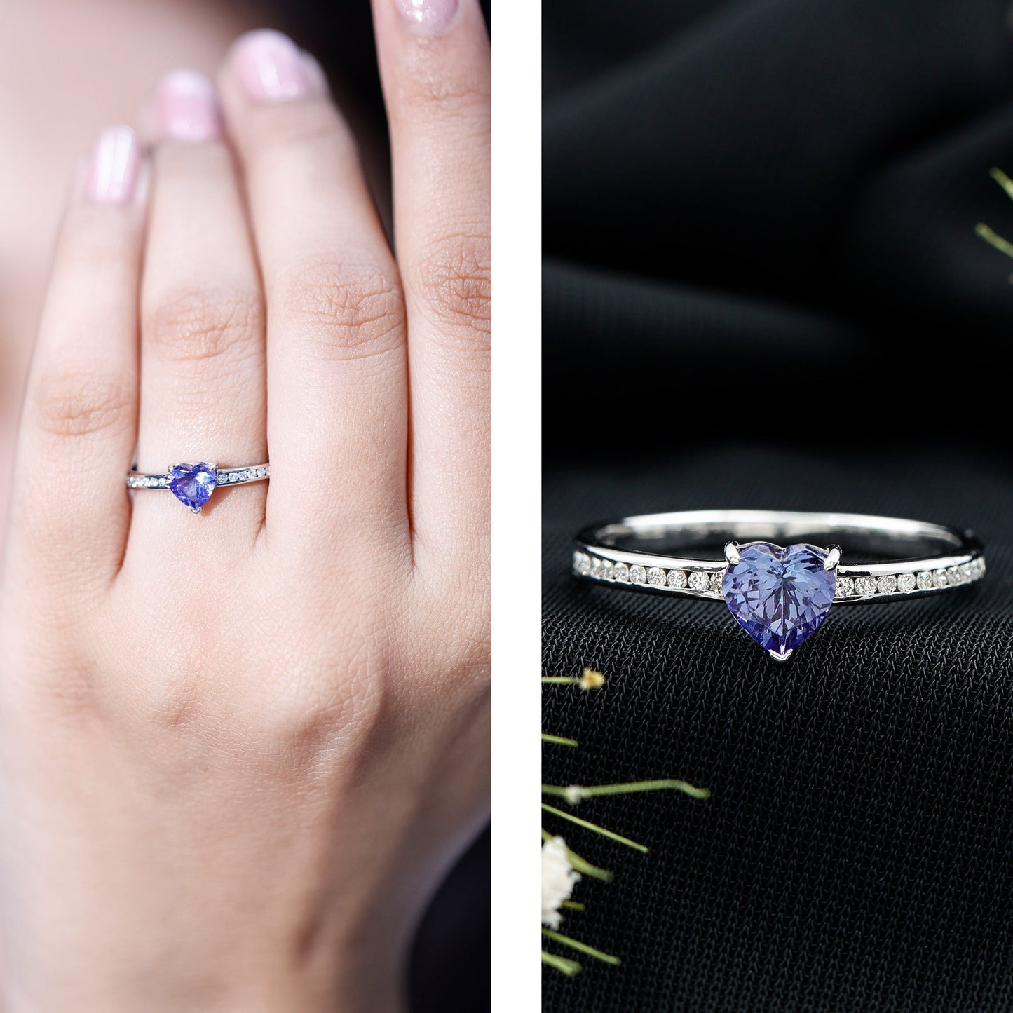 Natural Tanzanite Heart Promise Ring with Diamond