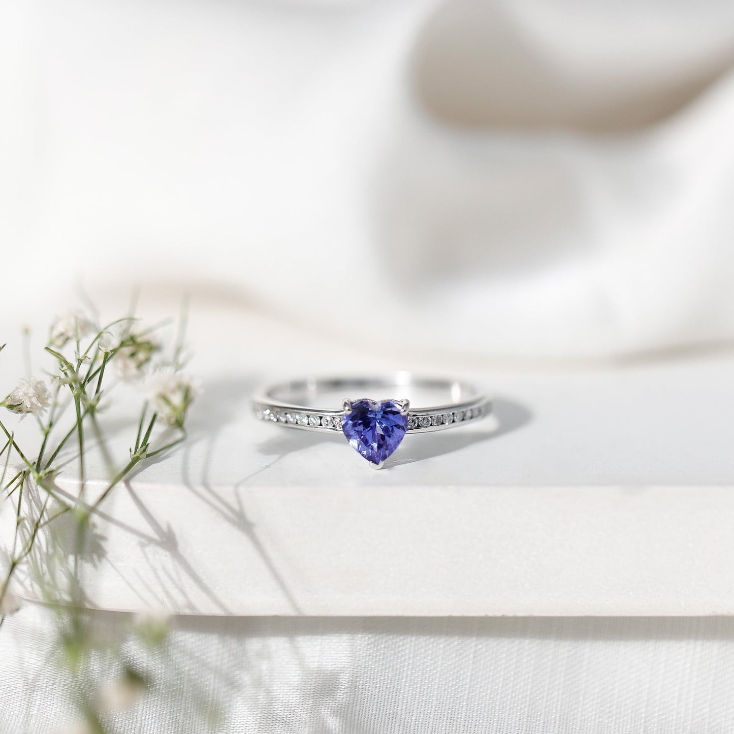 Natural Tanzanite Heart Promise Ring with Diamond