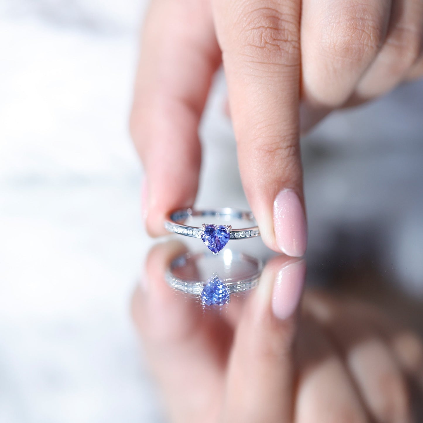 Natural Tanzanite Heart Promise Ring with Diamond