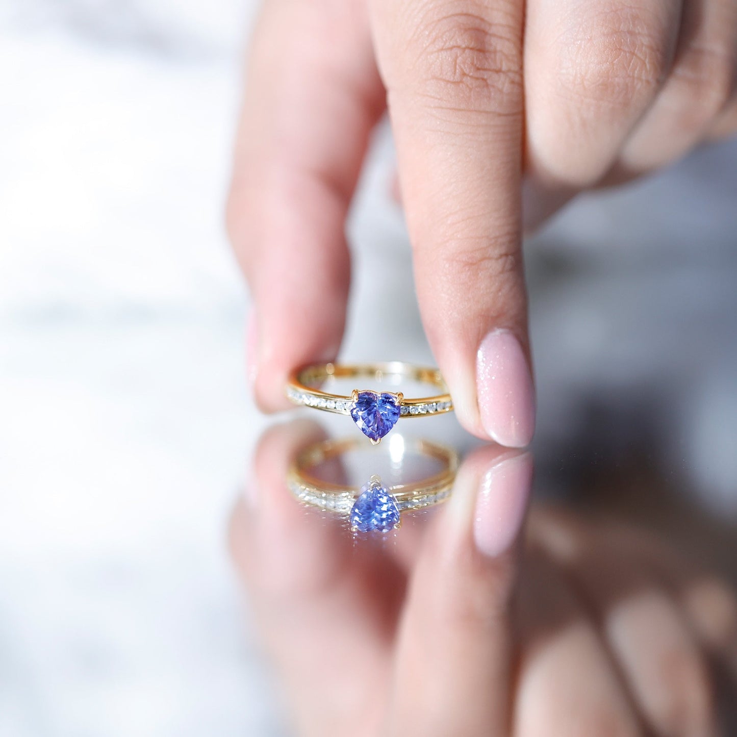 Natural Tanzanite Heart Promise Ring with Diamond