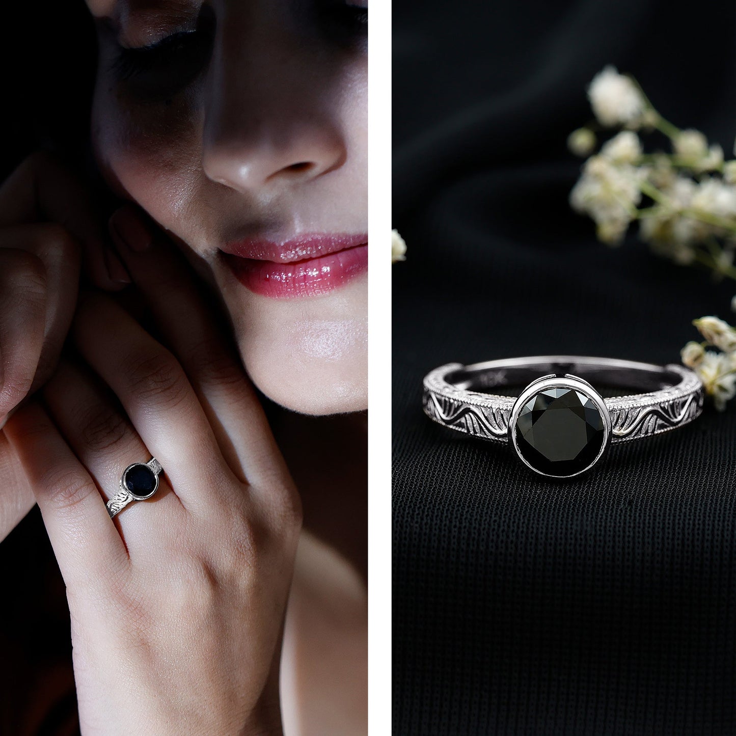 Vintage Style 2 Carat Lab Grown Black Diamond Bezel Set Engagement Ring