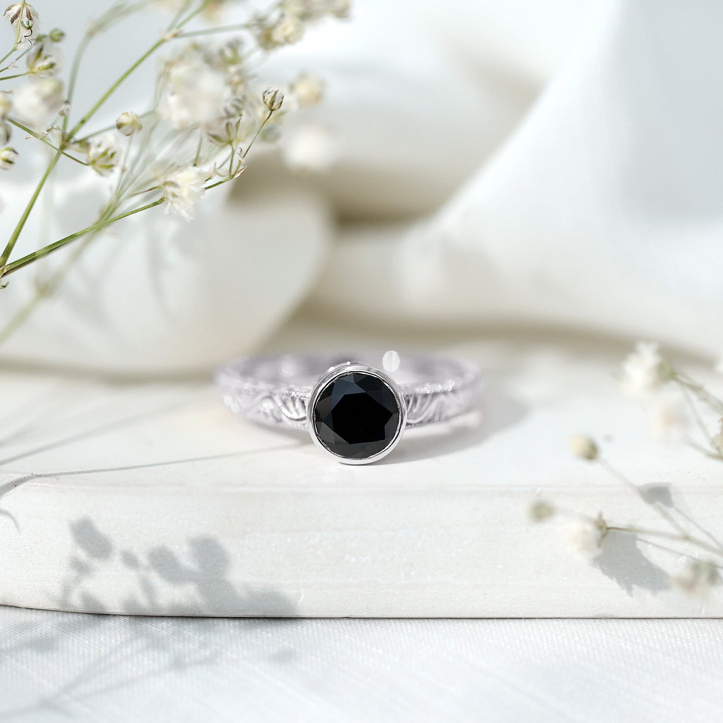 Vintage Style 2 Carat Lab Grown Black Diamond Bezel Set Engagement Ring