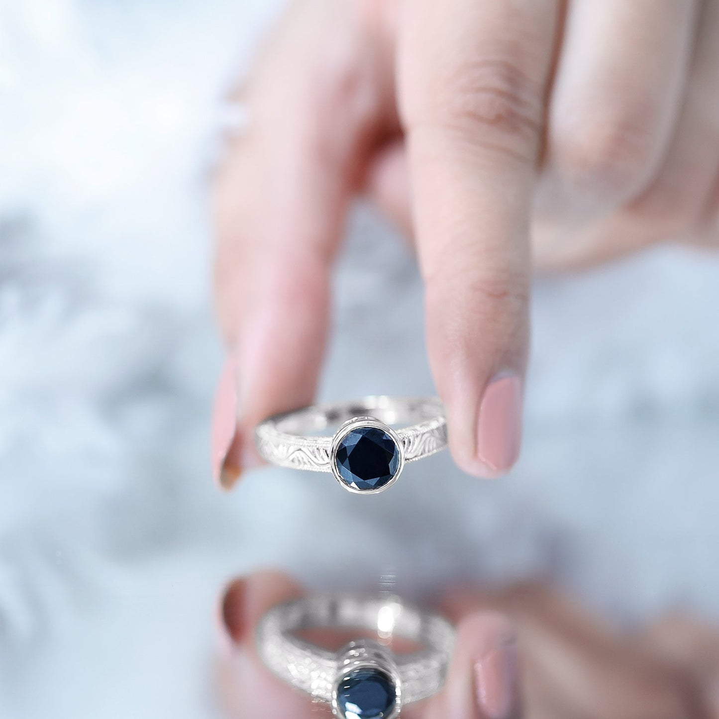 Vintage Style 2 Carat Lab Grown Black Diamond Bezel Set Engagement Ring