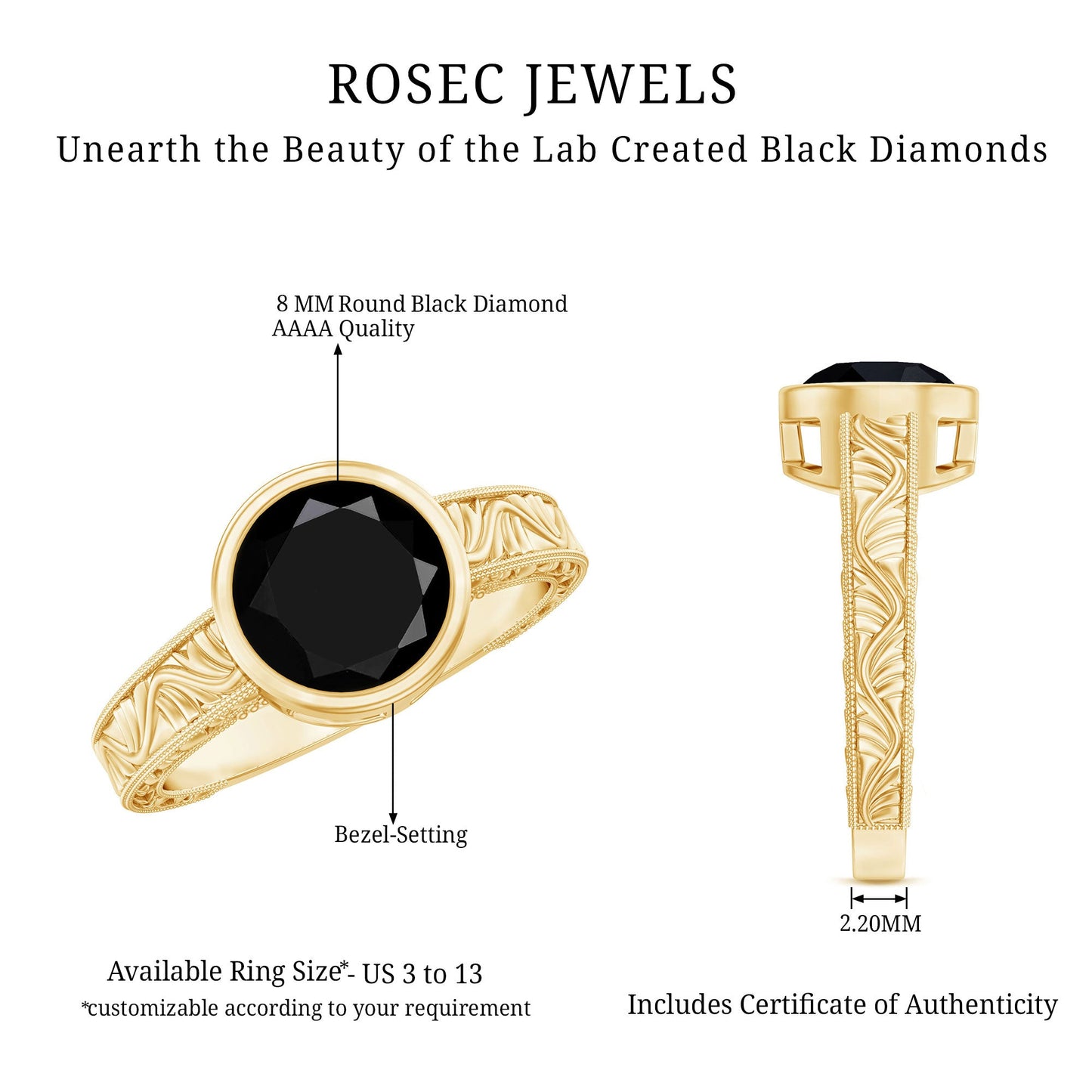 Vintage Style 2 Carat Lab Grown Black Diamond Bezel Set Engagement Ring