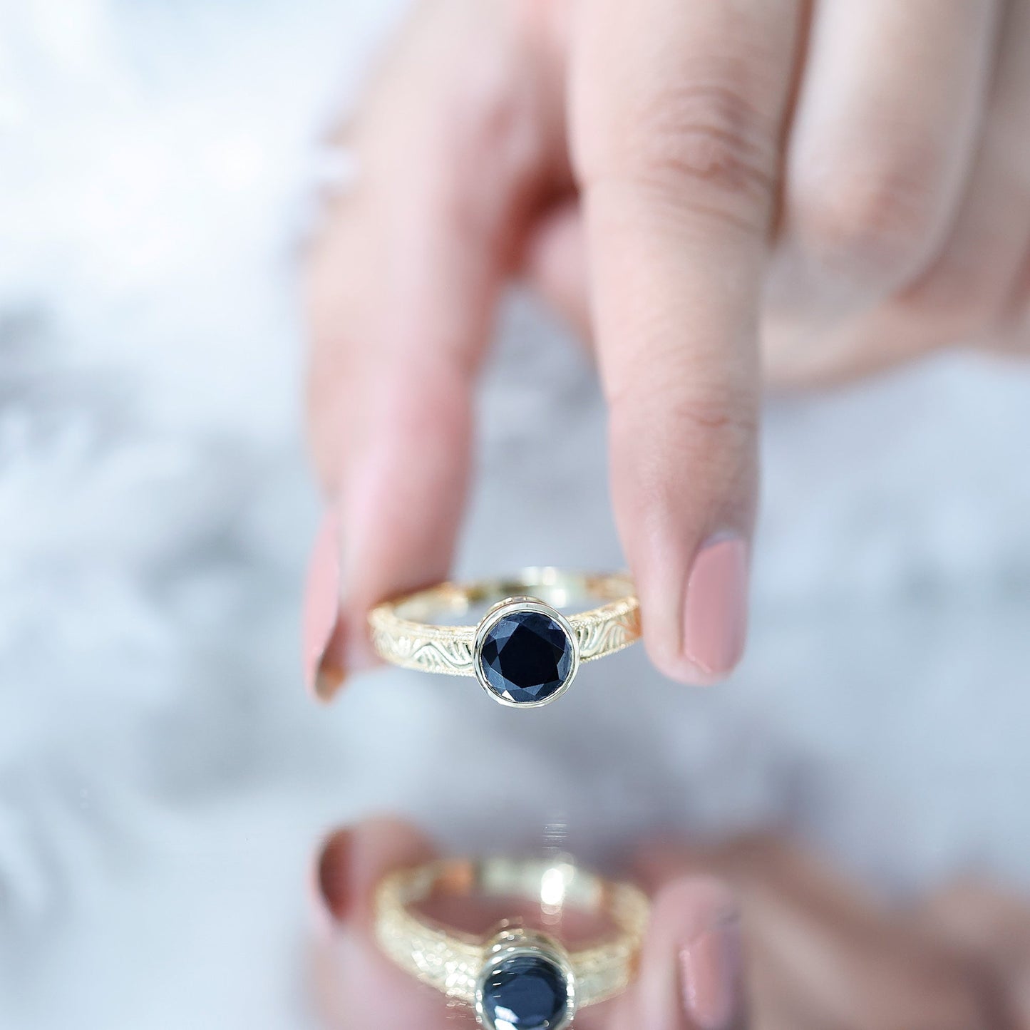 Vintage Style 2 Carat Lab Grown Black Diamond Bezel Set Engagement Ring