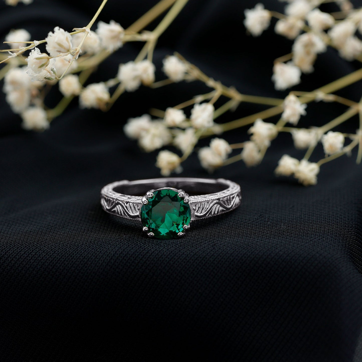 Lab Emerald Solitaire Vintage Engagement Ring