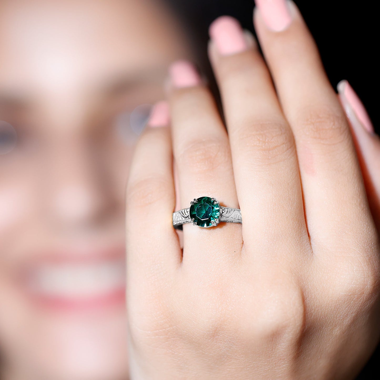Lab Emerald Solitaire Vintage Engagement Ring