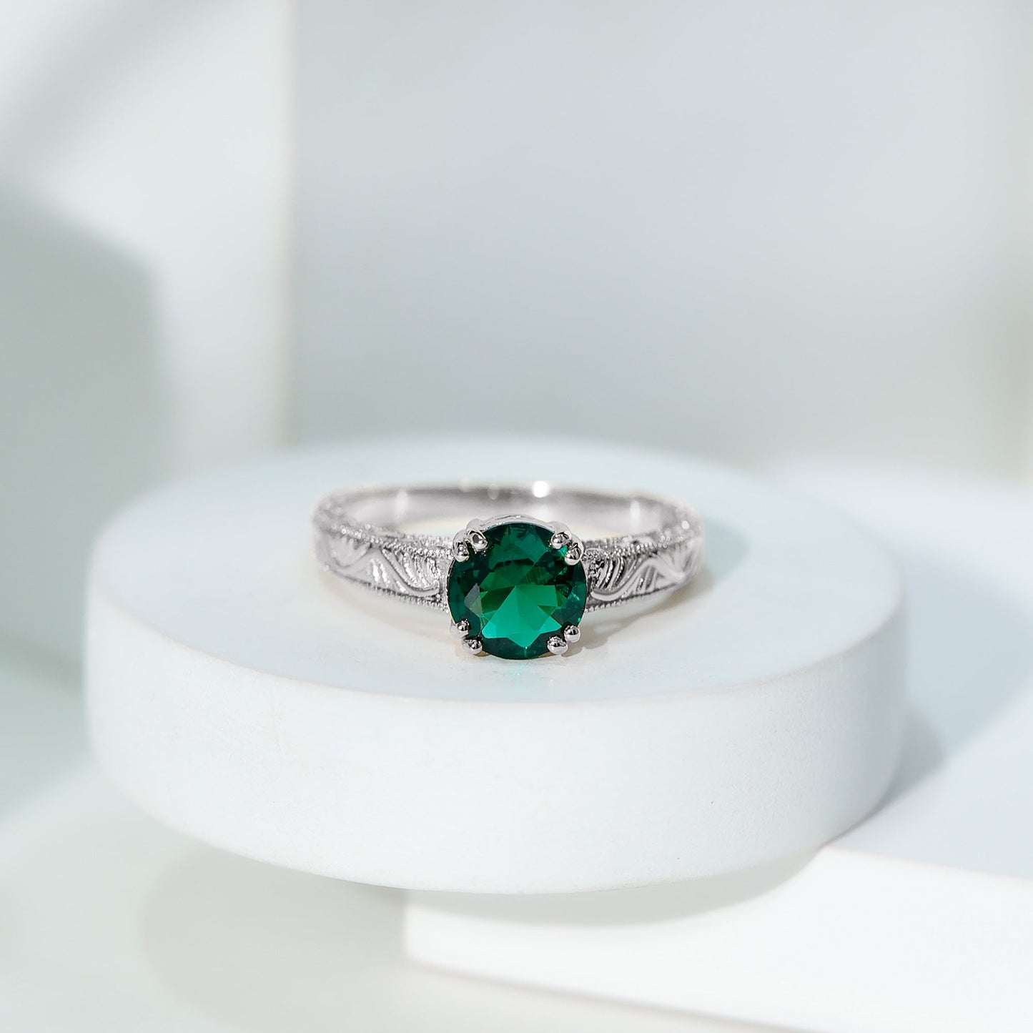 Lab Emerald Solitaire Vintage Engagement Ring