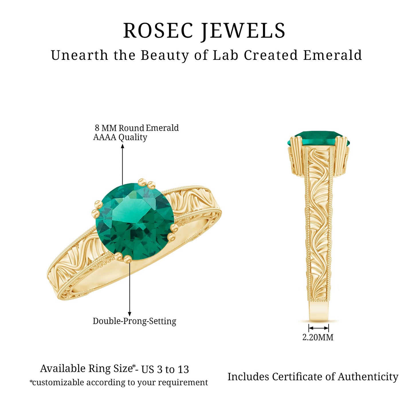 Lab Emerald Solitaire Vintage Engagement Ring