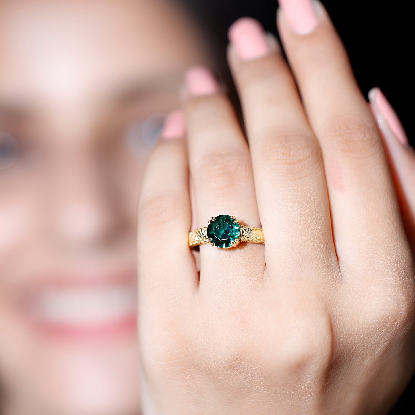 Lab Emerald Solitaire Vintage Engagement Ring