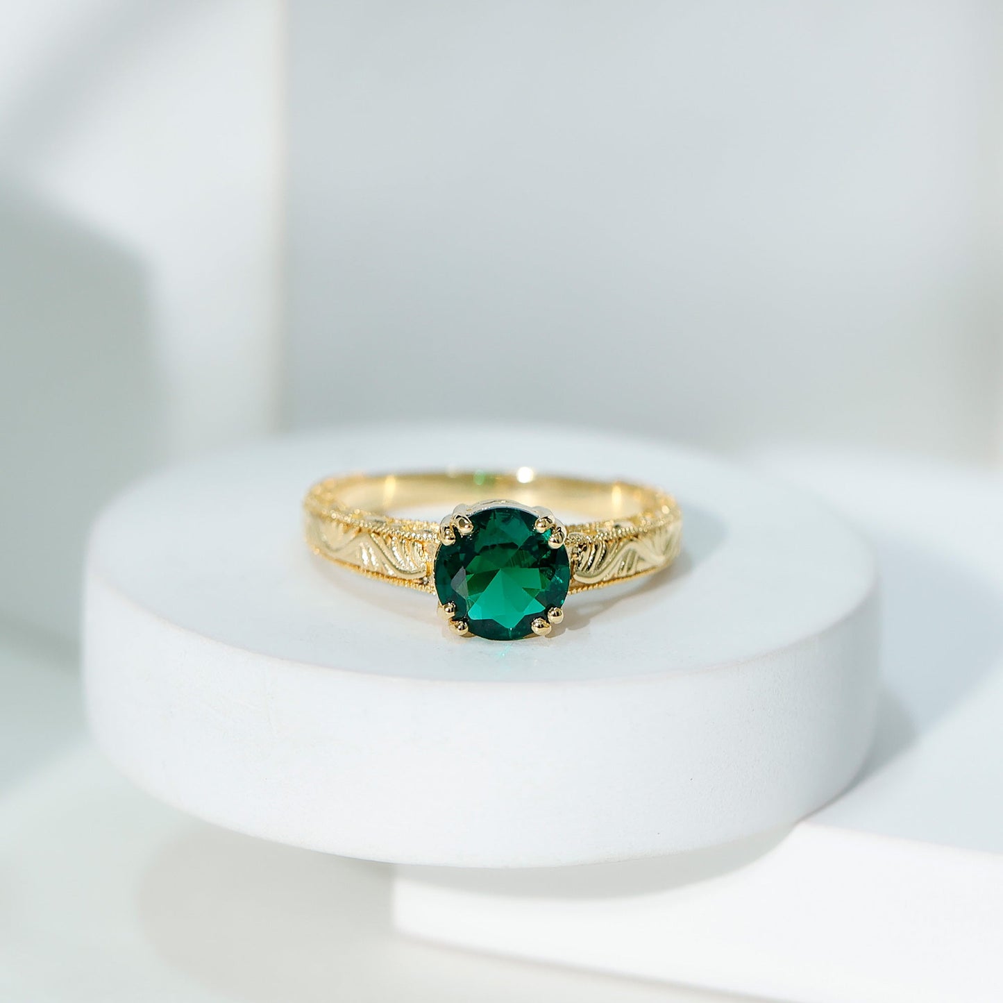 Lab Emerald Solitaire Vintage Engagement Ring