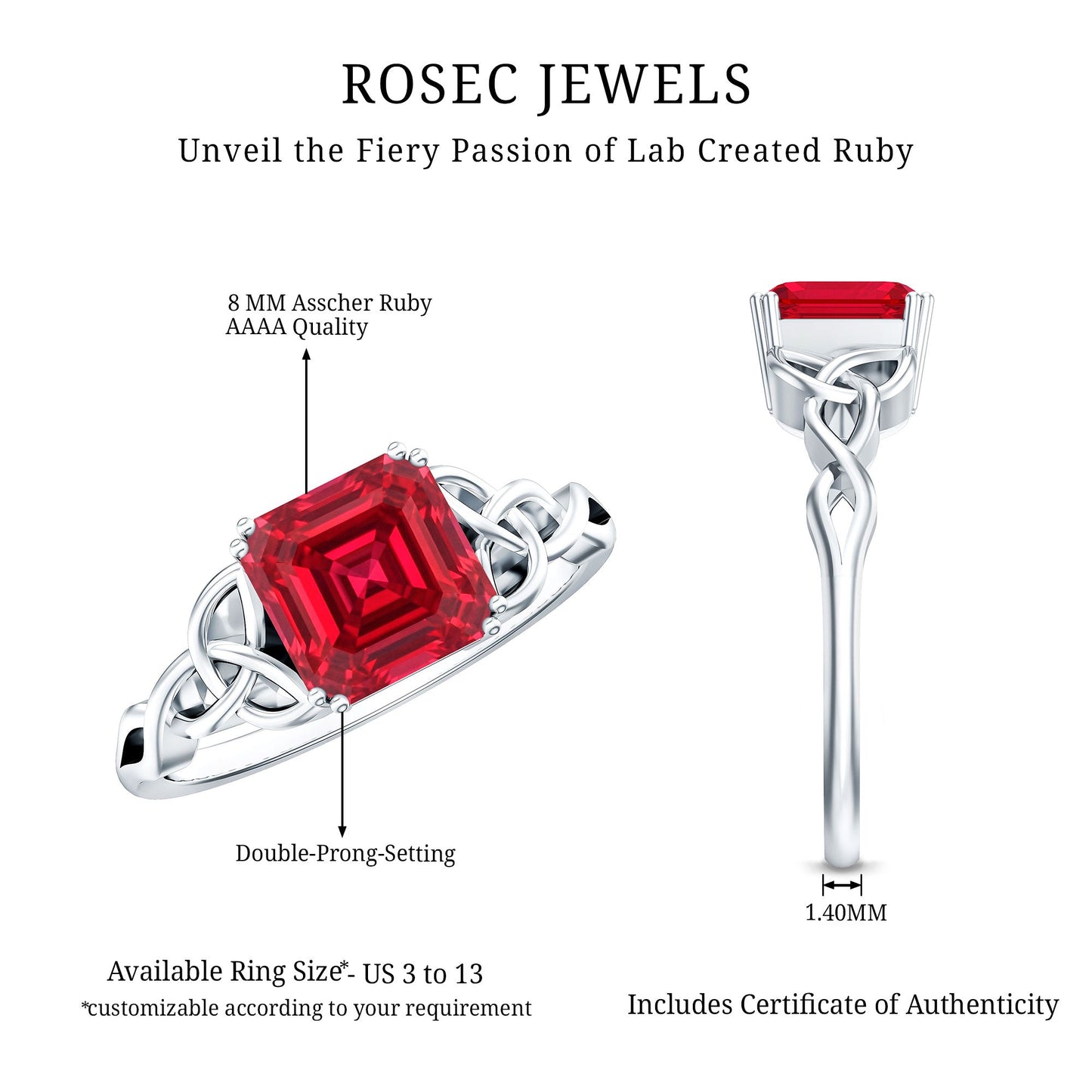 Certified 4.8 Carat Lab Grown Ruby Asscher Cut Engagement Ring with Celtic Knot