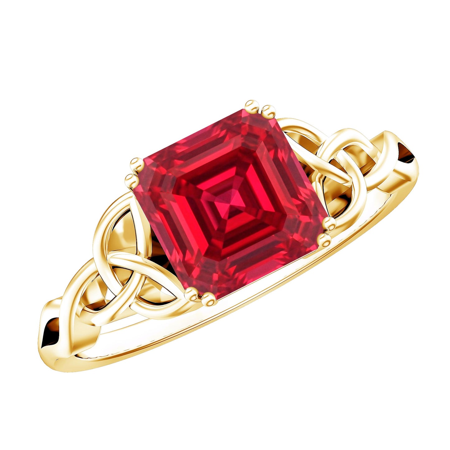 Certified 4.8 Carat Lab Grown Ruby Asscher Cut Engagement Ring with Celtic Knot
