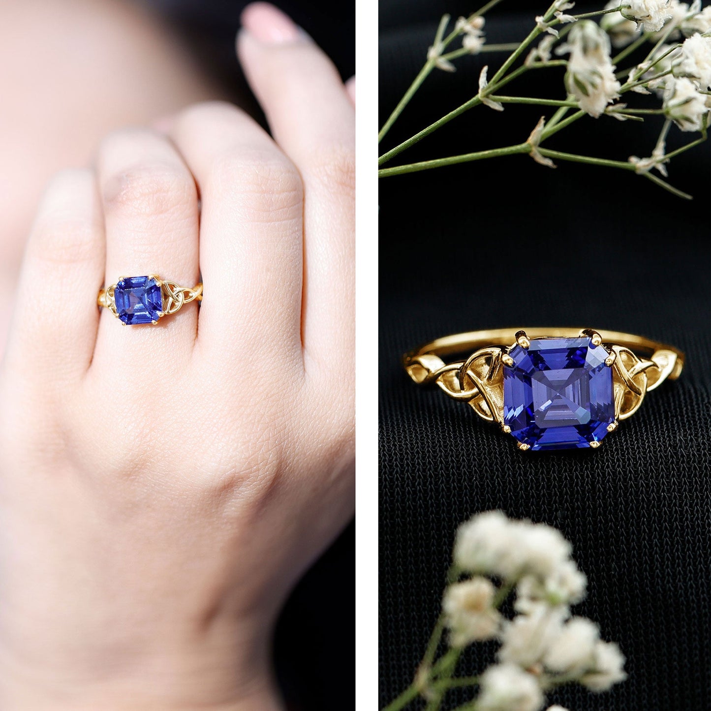Certified 4.8 Carat Asscher Cut Lab Created Blue Sapphire Celtic Knot Engagement Ring