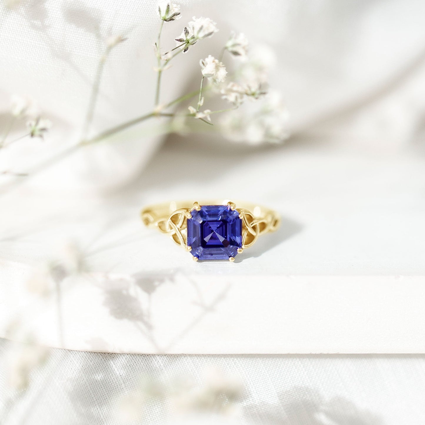 Certified 4.8 Carat Asscher Cut Lab Created Blue Sapphire Celtic Knot Engagement Ring