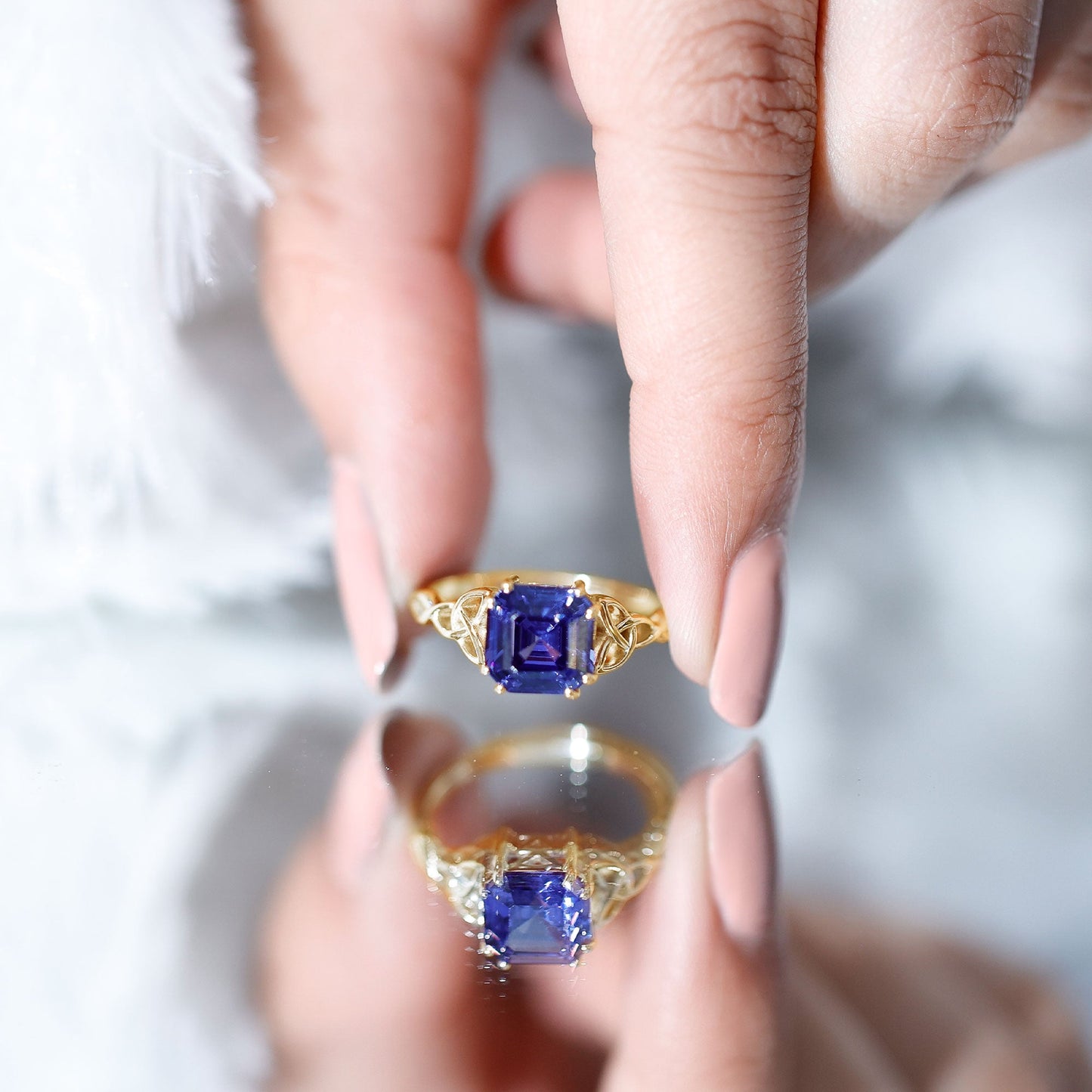 Certified 4.8 Carat Asscher Cut Lab Created Blue Sapphire Celtic Knot Engagement Ring