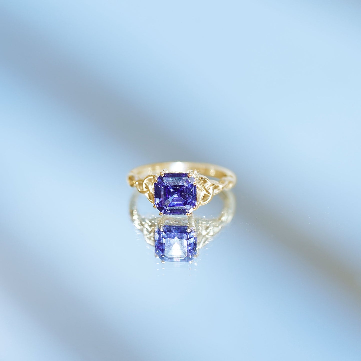 Certified 4.8 Carat Asscher Cut Lab Created Blue Sapphire Celtic Knot Engagement Ring
