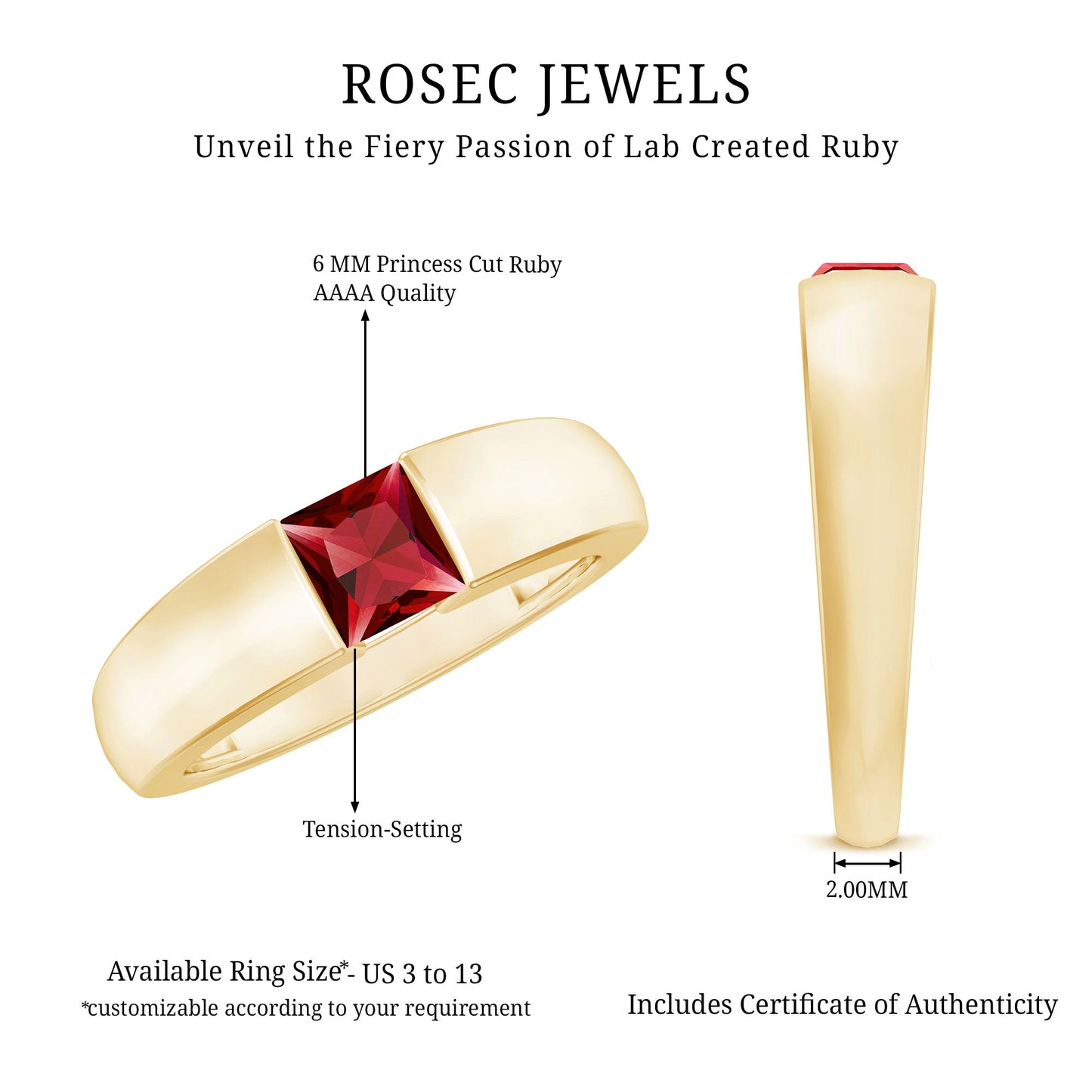 Princess Cut 1.5 Carat Lab Grown Ruby Solitaire Band Ring with Certificate