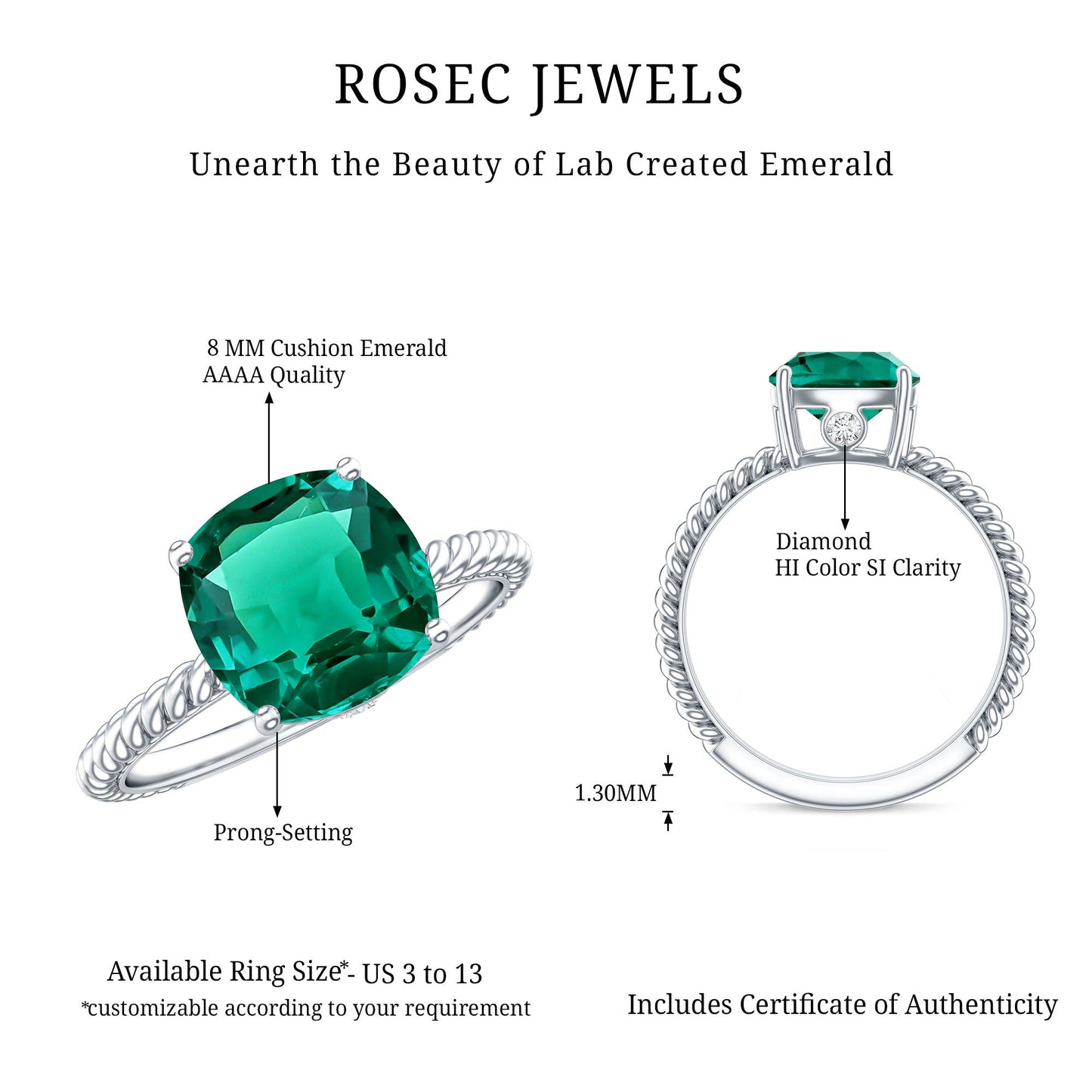 Certified 2 Carat Cushion Cut Lab Grown Emerald Ring for Engagement