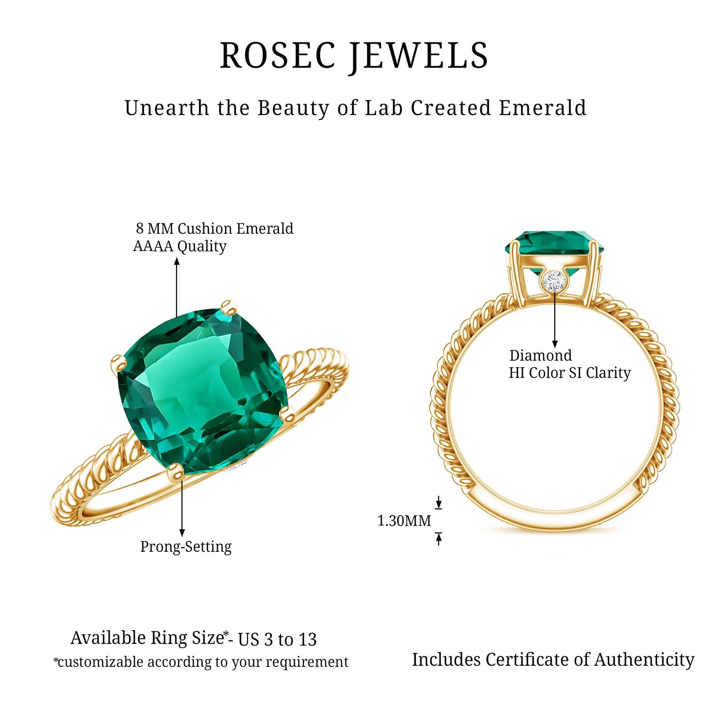 Certified 2 Carat Cushion Cut Lab Grown Emerald Ring for Engagement