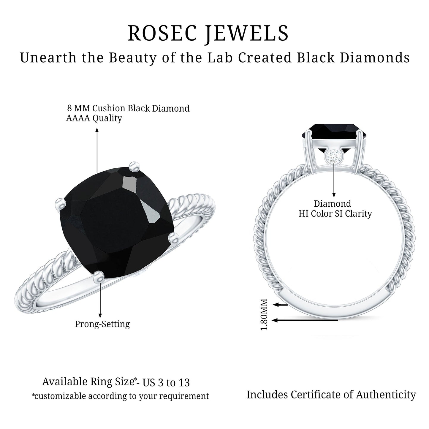 2.8 Carat Cushion Cut Lab Grown Black Diamond Engagement Ring with Surprise White Diamond
