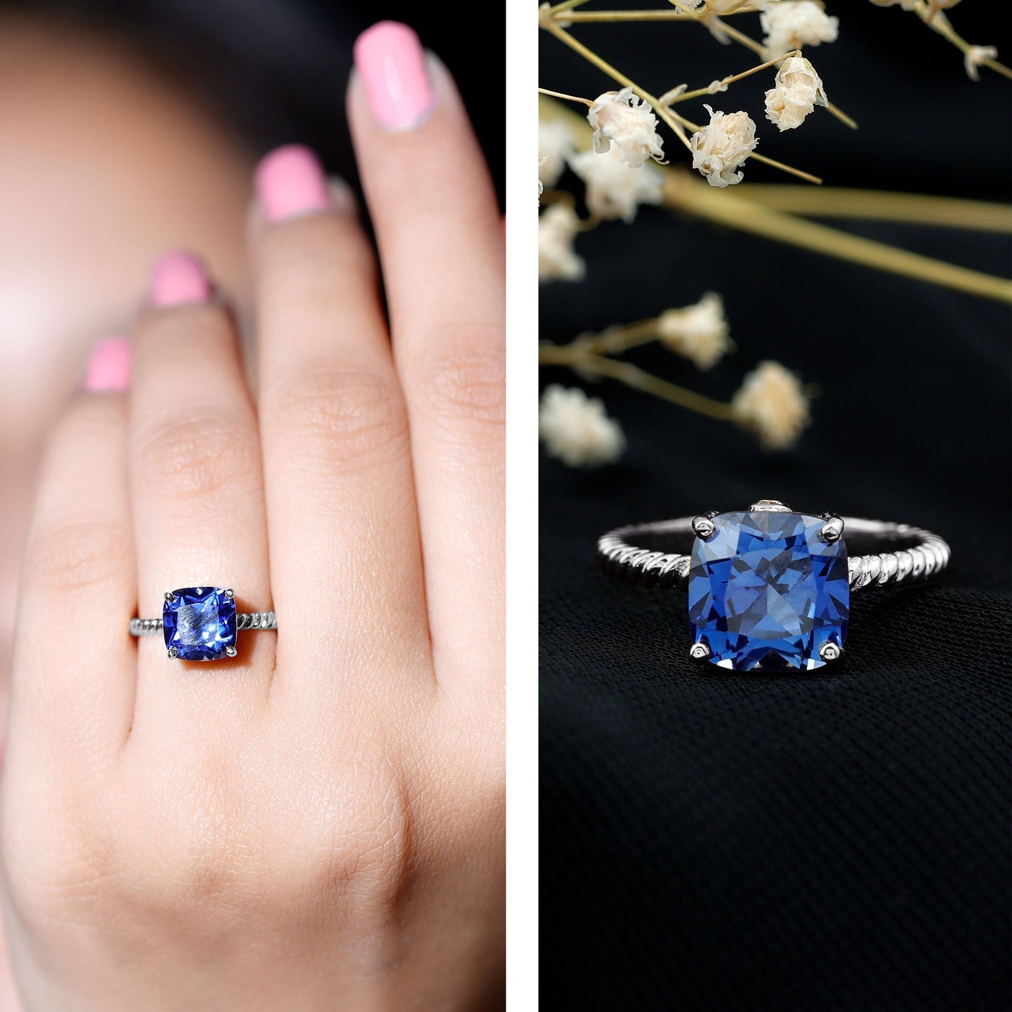 2.7 Carat Cushion Cut Lab Created Blue Sapphire Solitaire Engagement Ring