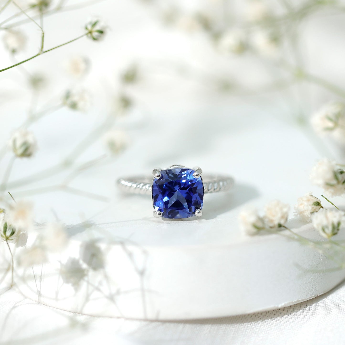 2.7 Carat Cushion Cut Lab Created Blue Sapphire Solitaire Engagement Ring