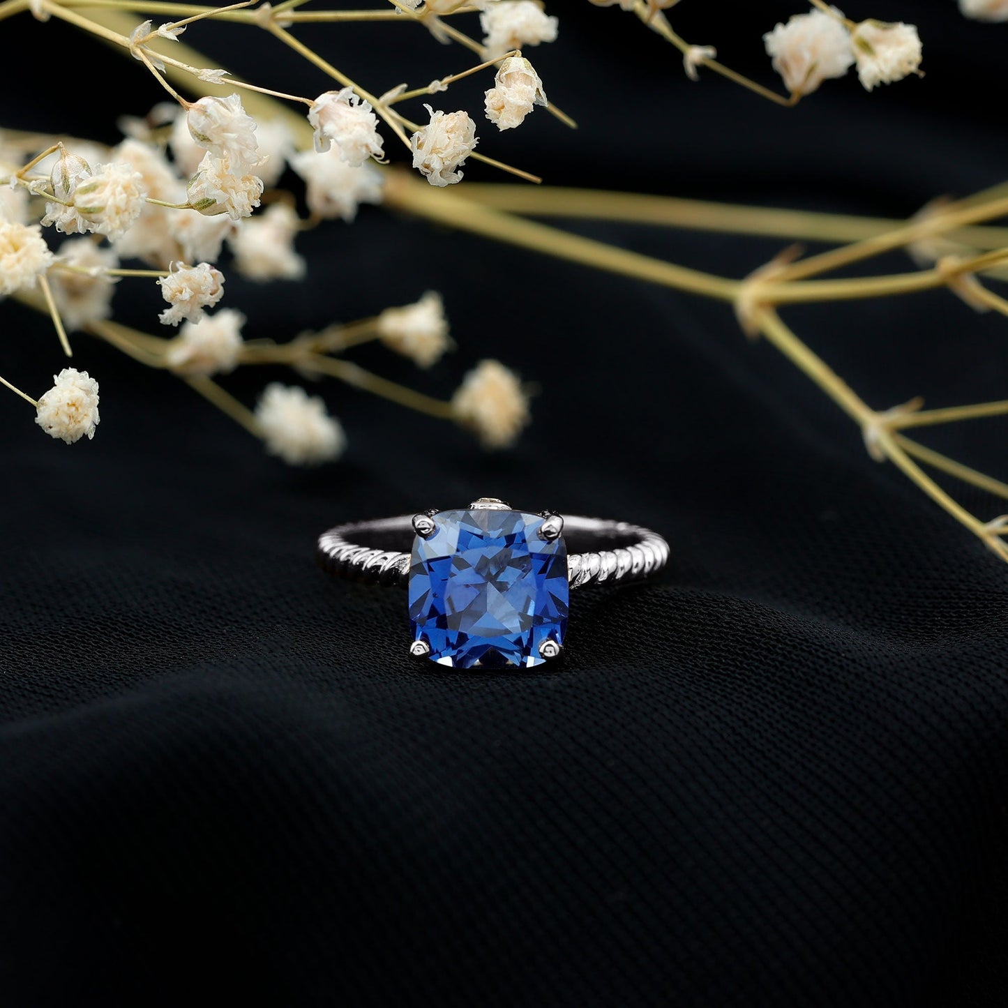 2.7 Carat Cushion Cut Lab Created Blue Sapphire Solitaire Engagement Ring