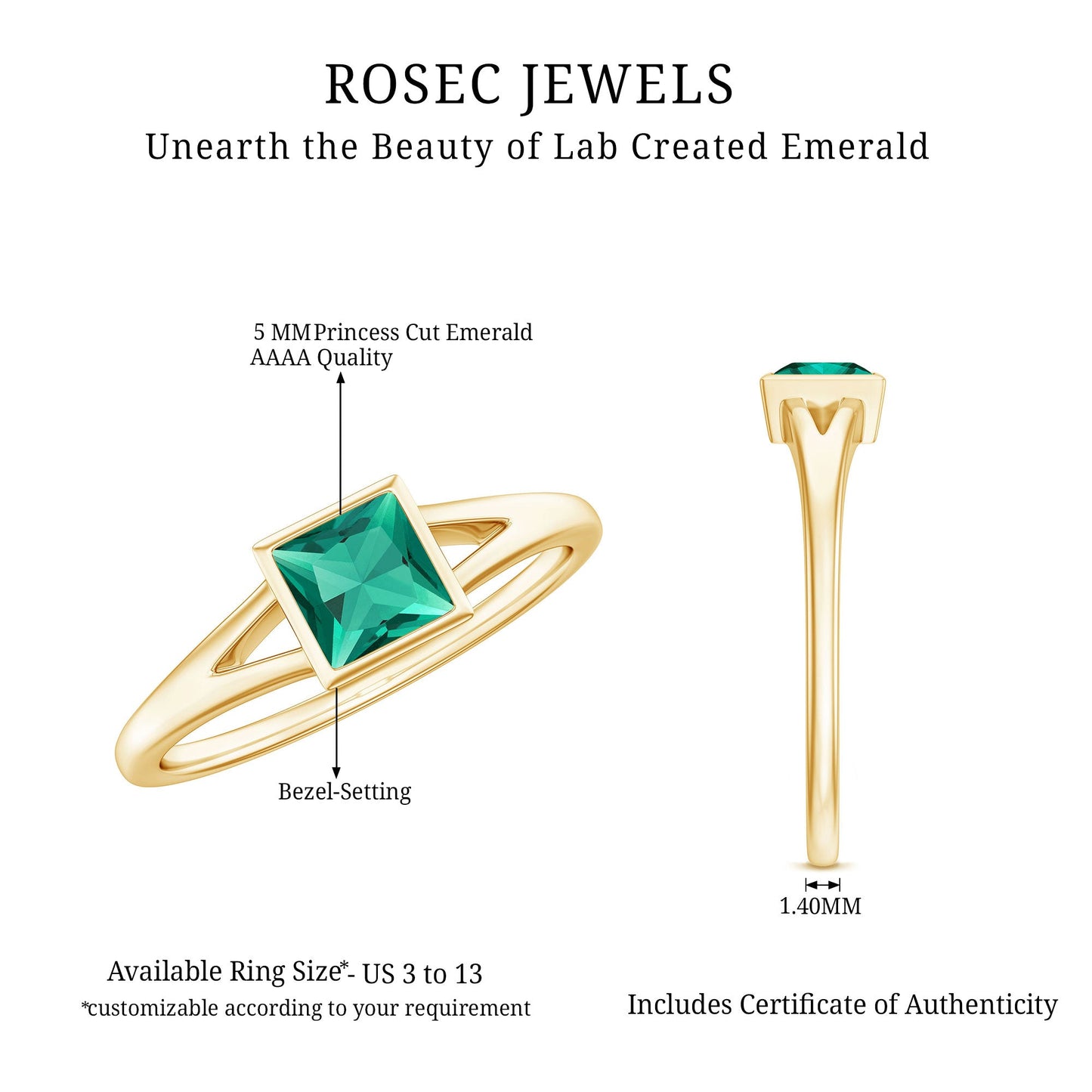 0.5 Carat Princess Cut Lab Grown Emerald Solitaire Ring with Split Shank
