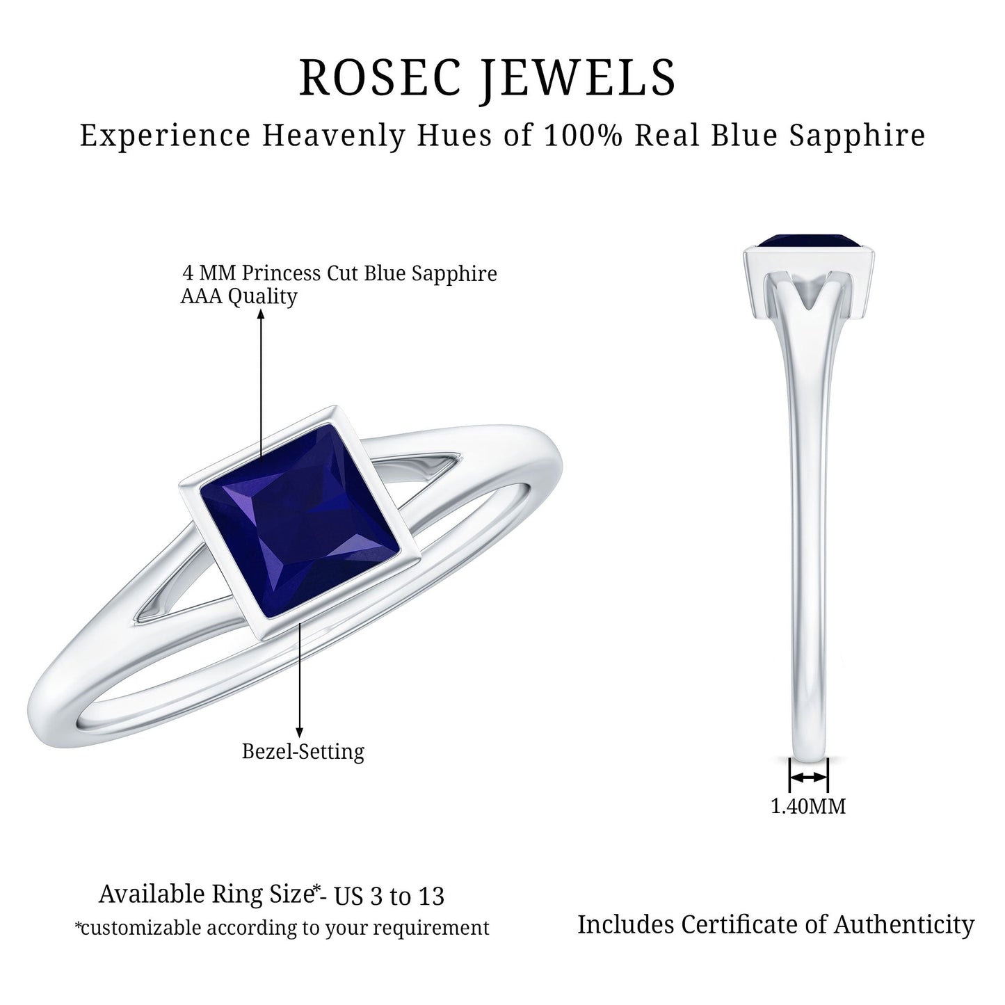 Princess Cut 0.4 Carat Blue Sapphire Solitaire Promise Ring in Split Shank