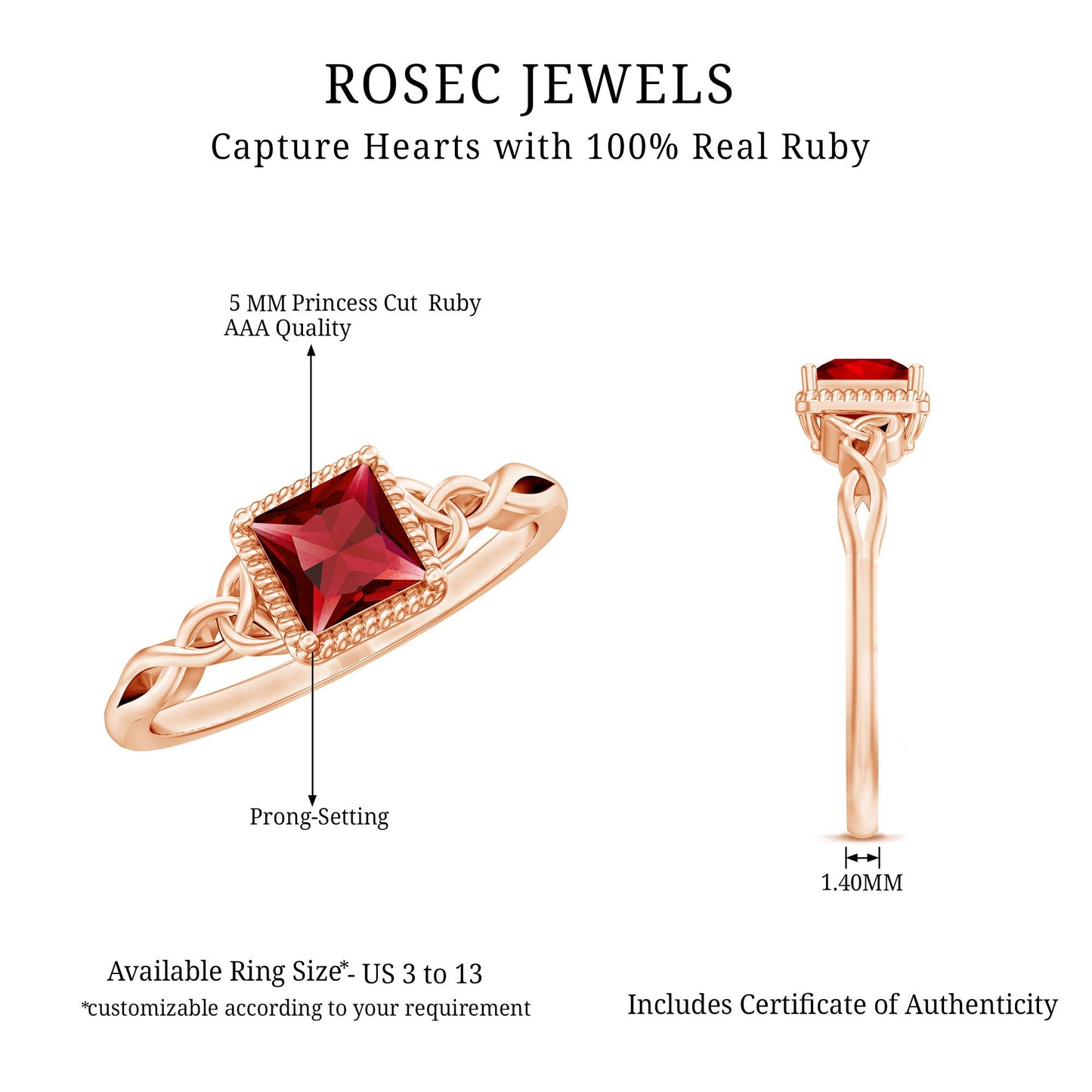 Natural 0.8 Carat Princess Cut Ruby Promise Ring with Celtic Knot