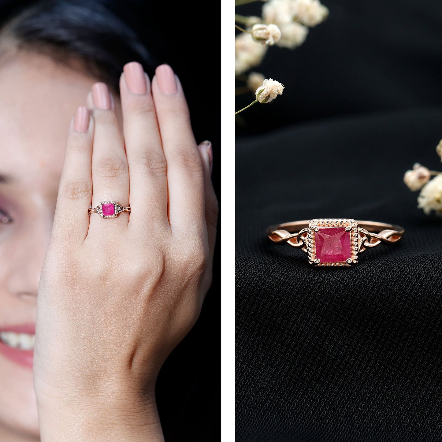 Natural 0.8 Carat Princess Cut Ruby Promise Ring with Celtic Knot