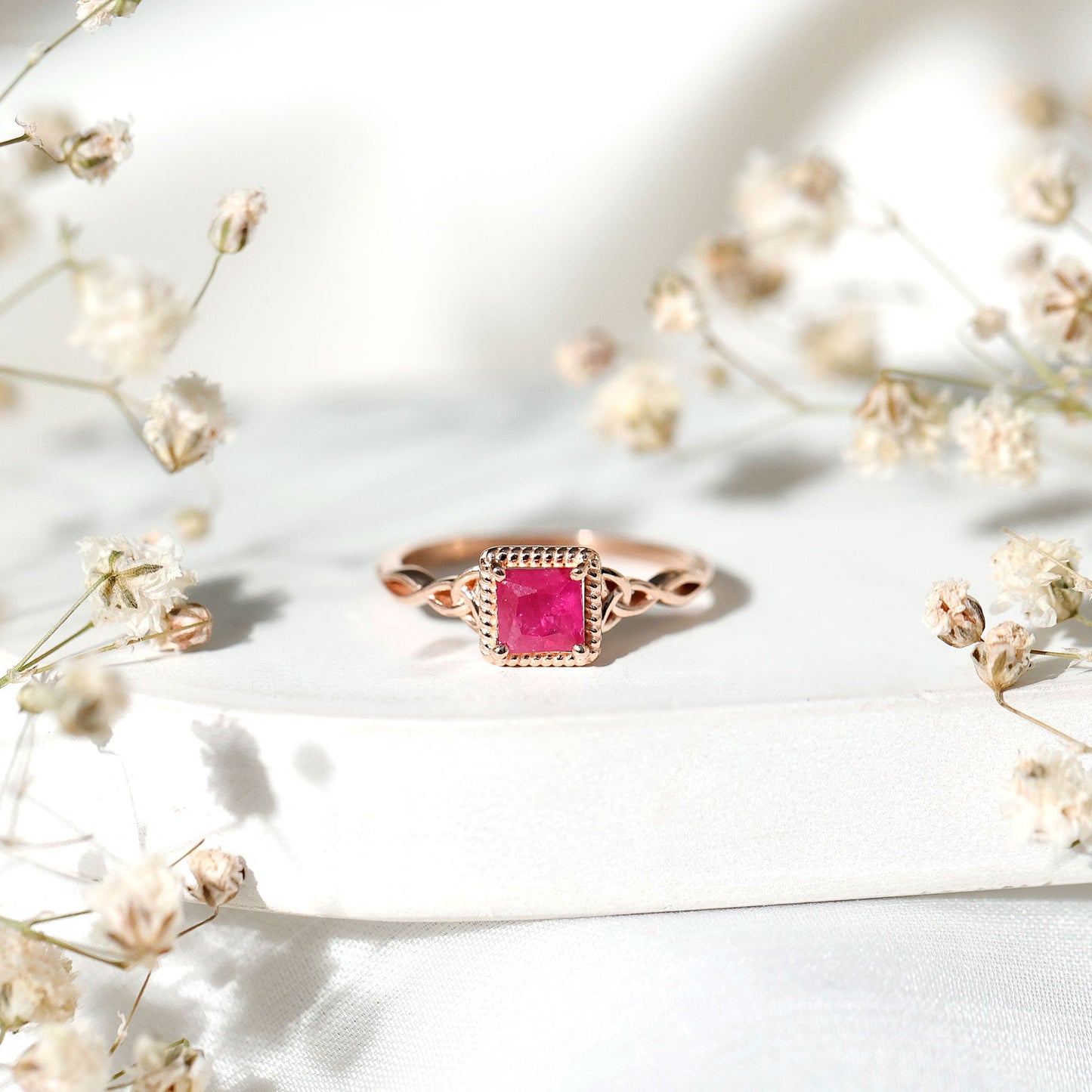 Natural 0.8 Carat Princess Cut Ruby Promise Ring with Celtic Knot