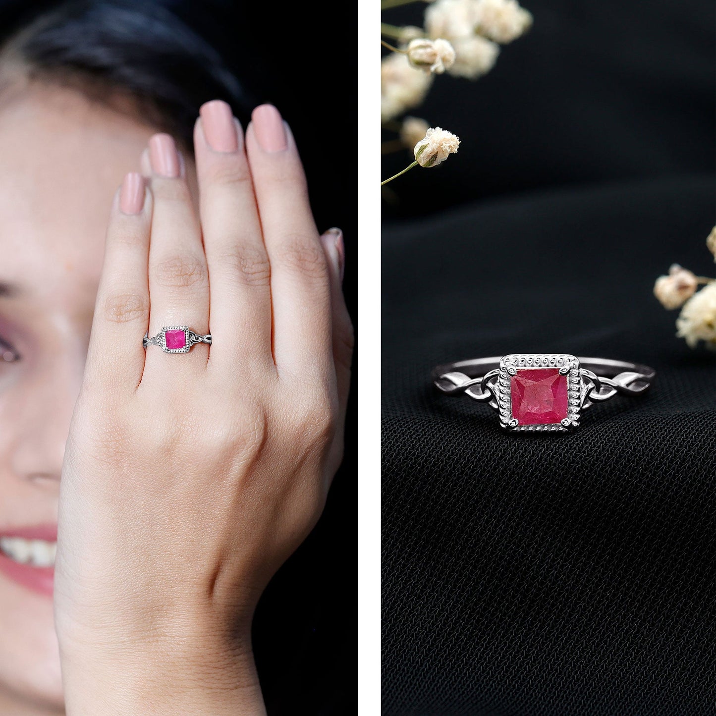 Natural 0.8 Carat Princess Cut Ruby Promise Ring with Celtic Knot